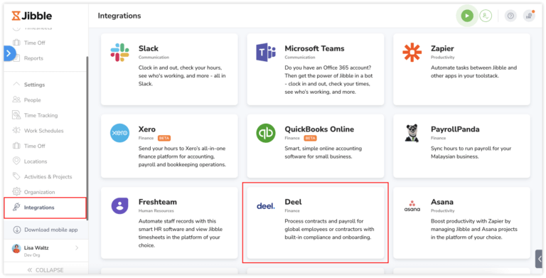Lista integracji w aplikacji internetowej Jibble.