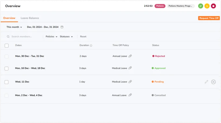 Statuses of time off on time off overview page