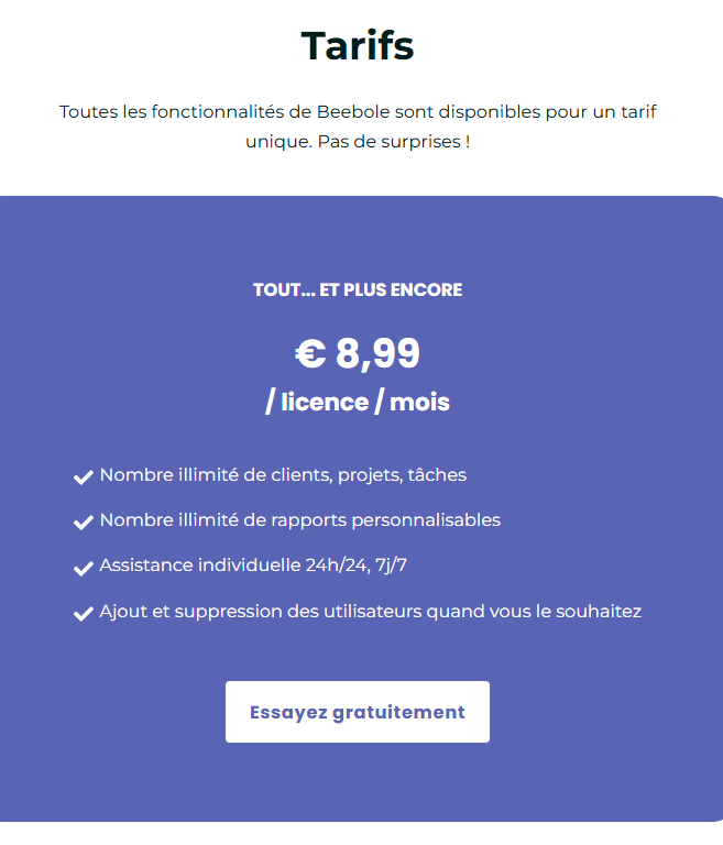 Tarifs de Beebole