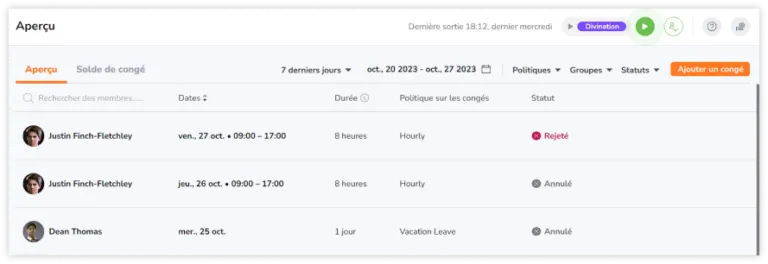 Congé avec statut d'annulation