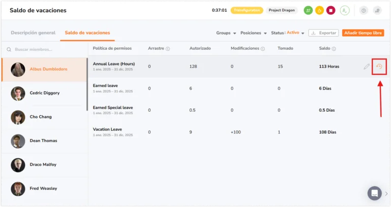 History button on time off policy under leave balance tab