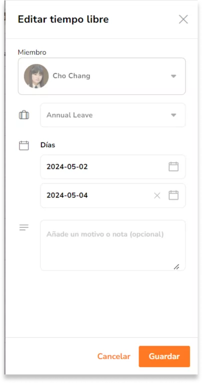 Rellena la información requerida para el tiempo libre de tu miembro: