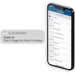 Fitur penjadwalan karyawan ClockShark yang mengirim notifikasi clock in melalui aplikasi seluler.
