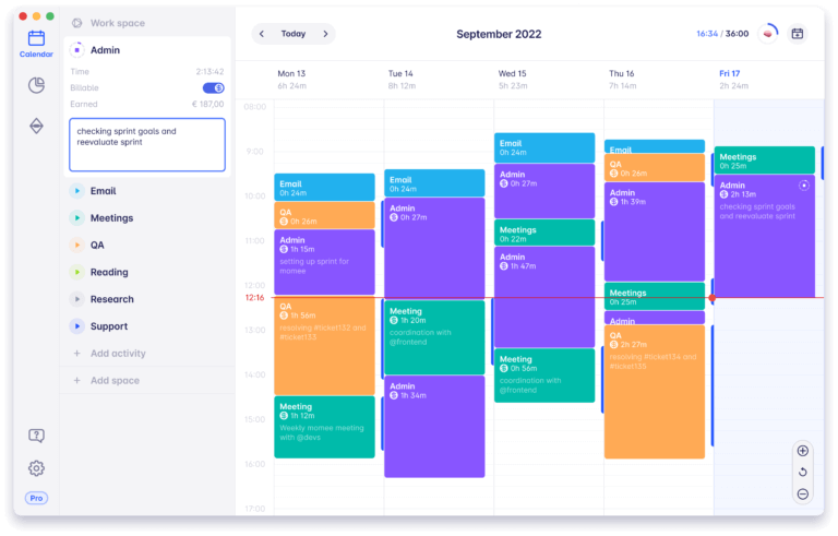 Painel de controle do Timeular exibindo diferentes folhas de ponto