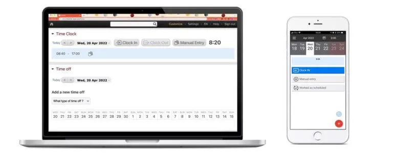 Beebole timesheet and time clock on web app and mobile