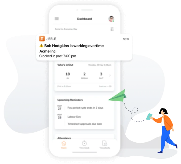 Real time overtime notification with illustrated woman throwing paper airplane