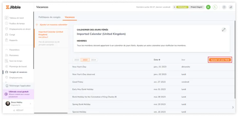 Button to add a manual holiday to a public holiday calendar