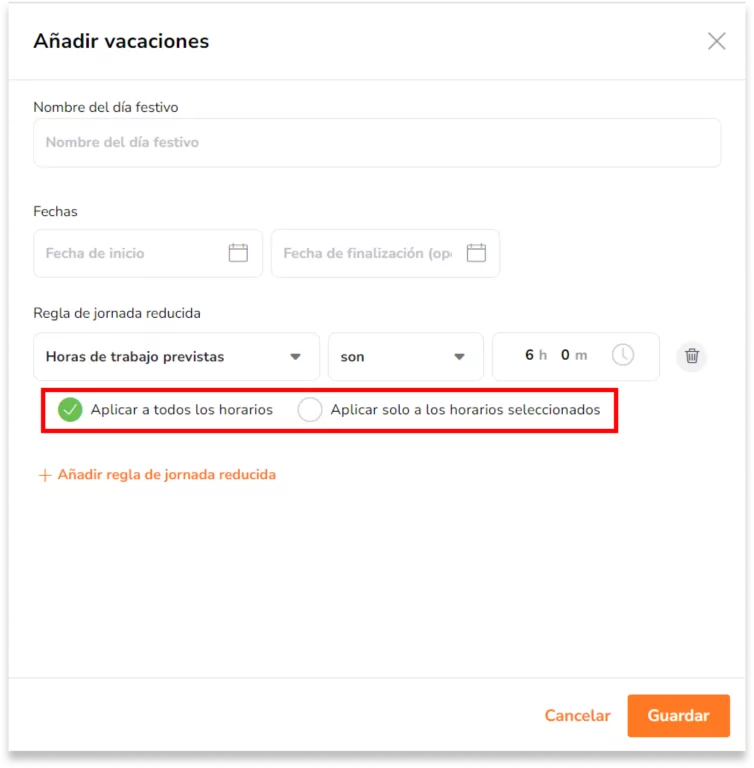 Elige si quieres que esta disposición de horas/hora se aplique a todos los horarios de trabajo o a horarios de trabajo seleccionados: