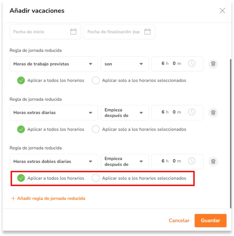 Elige si quieres que esta disposición de horas/hora se aplique a todos los horarios de trabajo o a horarios de trabajo seleccionados.: