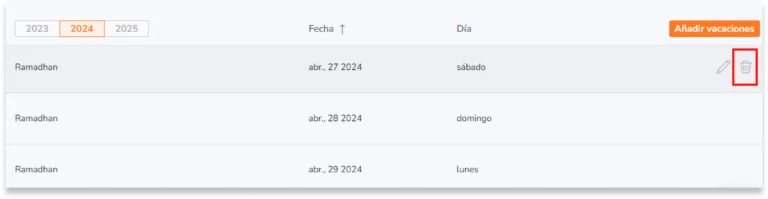 Selecciona la jornada reducida y haz clic en el icono de la papelera. .