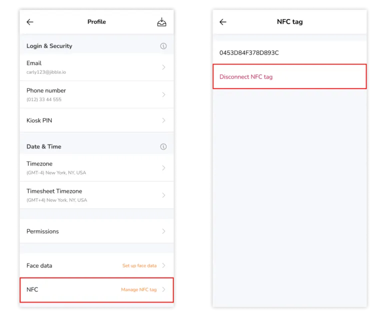Disconnecting NFC tag on person profile mobile