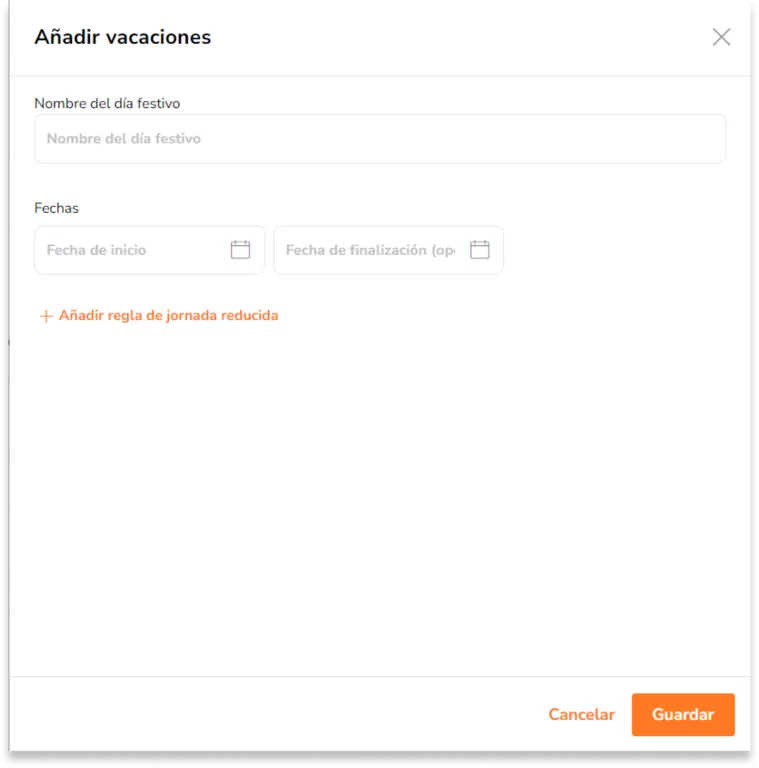 Introduce el nombre de la festividad y selecciona el intervalo de fechas para el que se aplicará la jornada reducida. Si está editando un día festivo existente, puedes saltarte este paso y continuar con el siguiente.