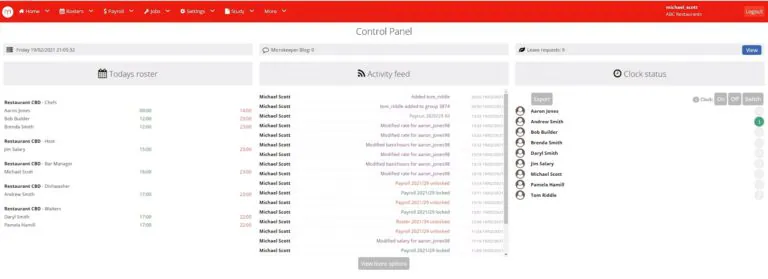 Microkeeper control panel showing roster, activity feed, and clock status
