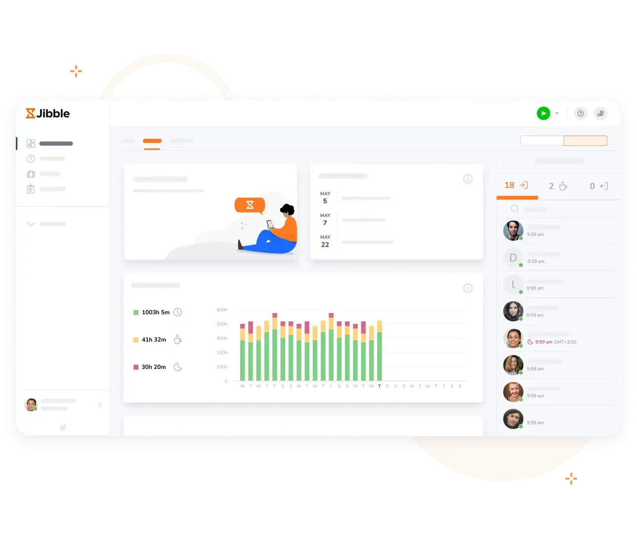 Tableau de bord Jibble présentant le temps suivi sous forme de graphiques et des diagrammes circulaires