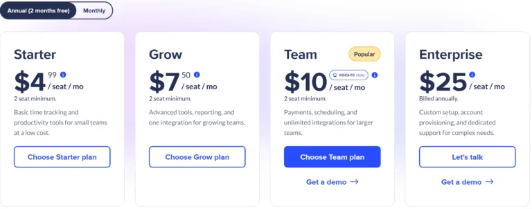 View of Hubstaff pricing tiers