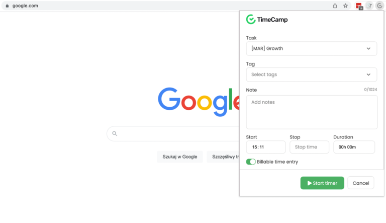 Avvio del timer dell'estensione di TimeCamp