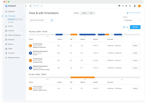 Visão da folha de ponto com registros de entrada e de saída no Hubstaff