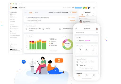 Jibble's time tracking dashboard on web app and mobile