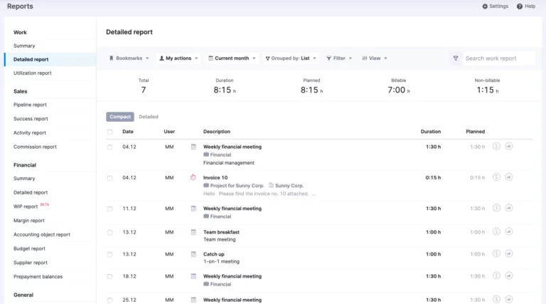 Screenshot der Scoro-Software für die Arbeitsberichterstattung