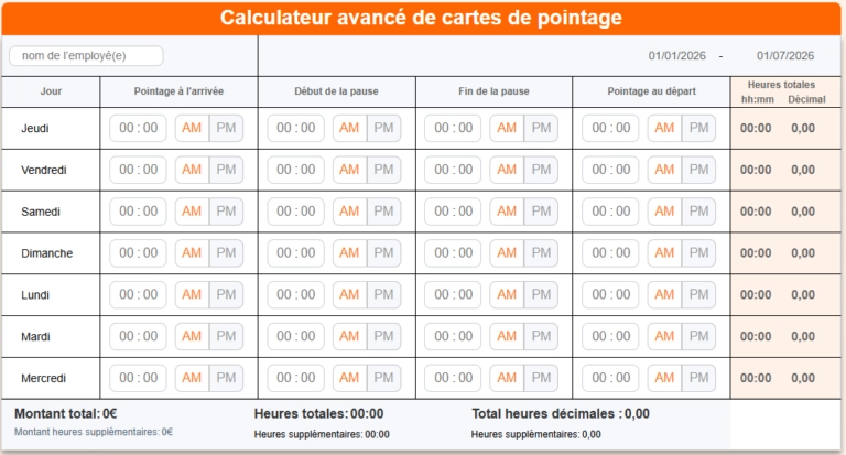 Aperçu du calculateur de cartes de pointage de Jibble