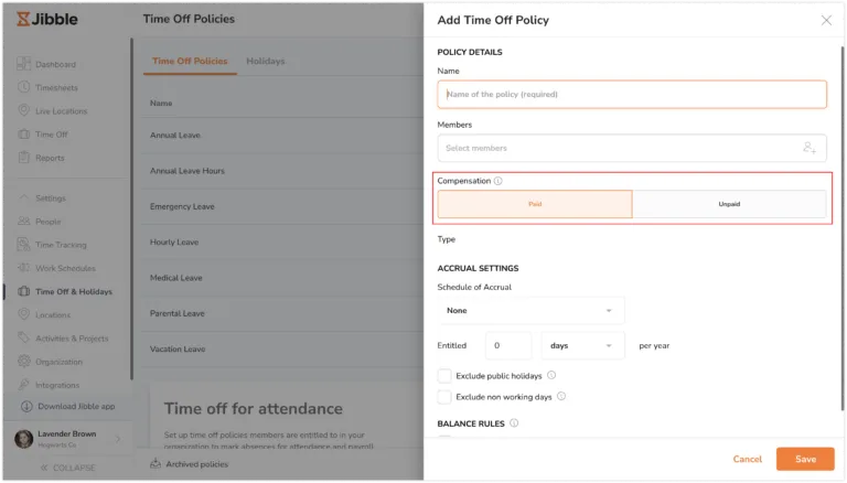 Paid and unpaid compensation fields for time off policies