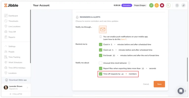 Mengaktifkan notifikasi waktu istirahat untuk pemilik dan admin