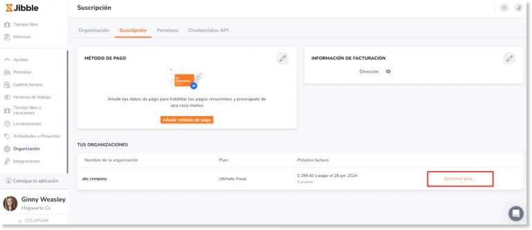 Si tu organización está disfrutando de una prueba gratuita de Jibble, haz clic en Gestionar plan y selecciona el plan que quieres seguir utilizando una vez finalizada la prueba.