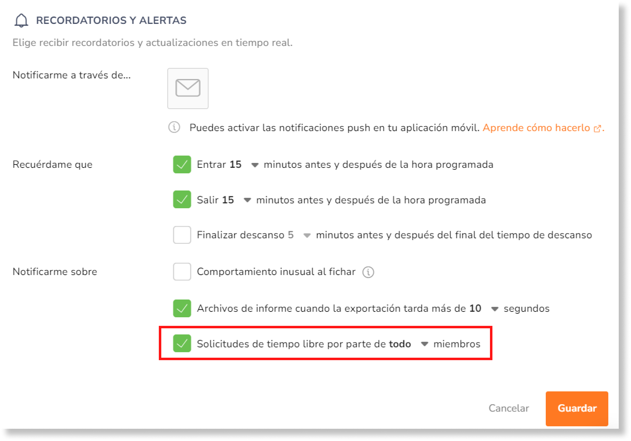 En la sección Recordatorios y alertas, selecciona la casilla correspondiente a Solicitudes de tiempo libre. 