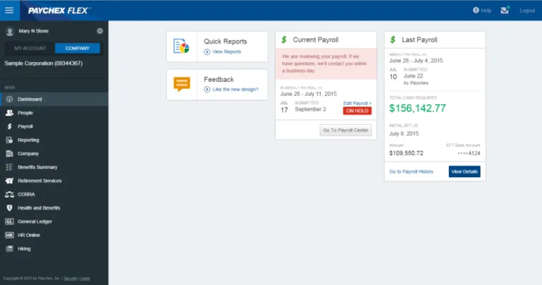Paychex flex dashboard to view quick reports, feedback, current payroll and last payroll