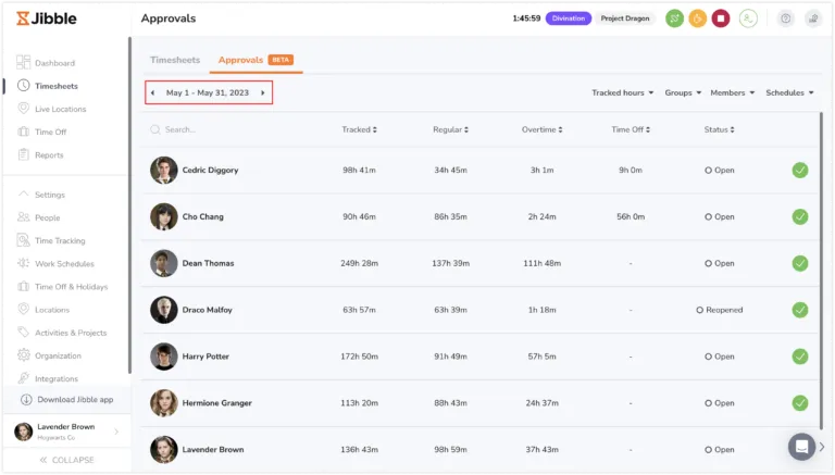 Selecting a pay period date range from approvals tab on web app