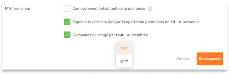 Les rôles de propriétaire et d'administrateur pourront choisir de recevoir des notifications pour tous les membres de l'organisation ou seulement pour les membres gérés en cliquant sur la flèche.