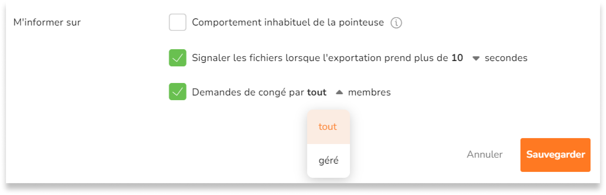 Les rôles de propriétaire et d'administrateur pourront choisir de recevoir des notifications pour tous les membres de l'organisation ou seulement pour les membres gérés en cliquant sur la flèche.