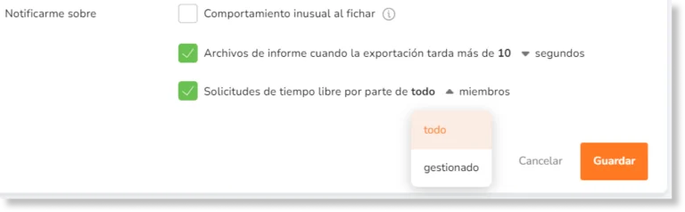 Los propietarios y administradores podrán elegir entre recibir notificaciones para todos los miembros de la organización o sólo para los miembros gestionados haciendo clic en la flecha.