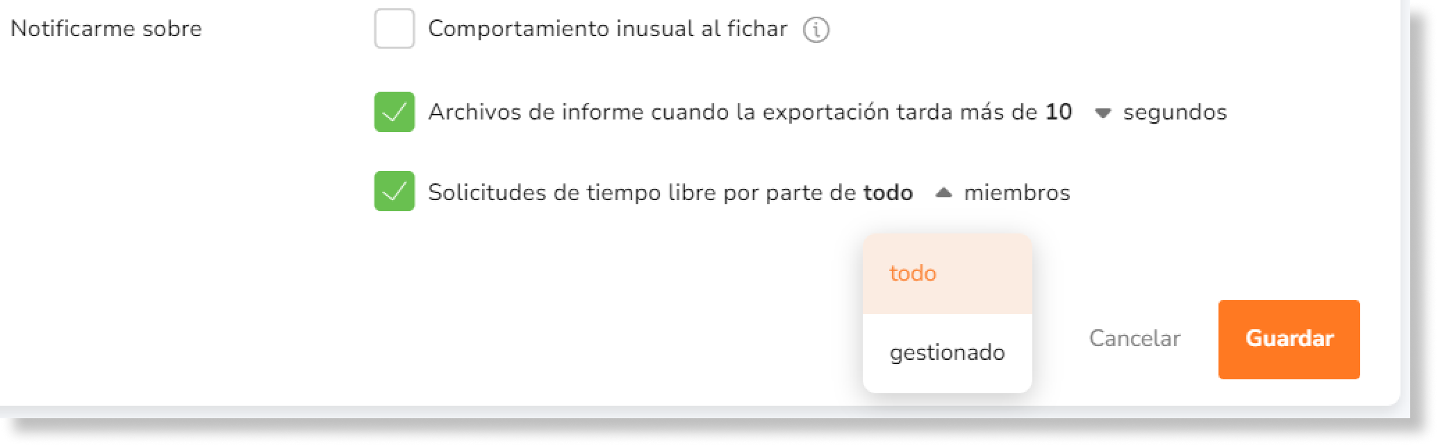 Los propietarios y administradores podrán elegir entre recibir notificaciones para todos los miembros de la organización o sólo para los miembros gestionados haciendo clic en la flecha.