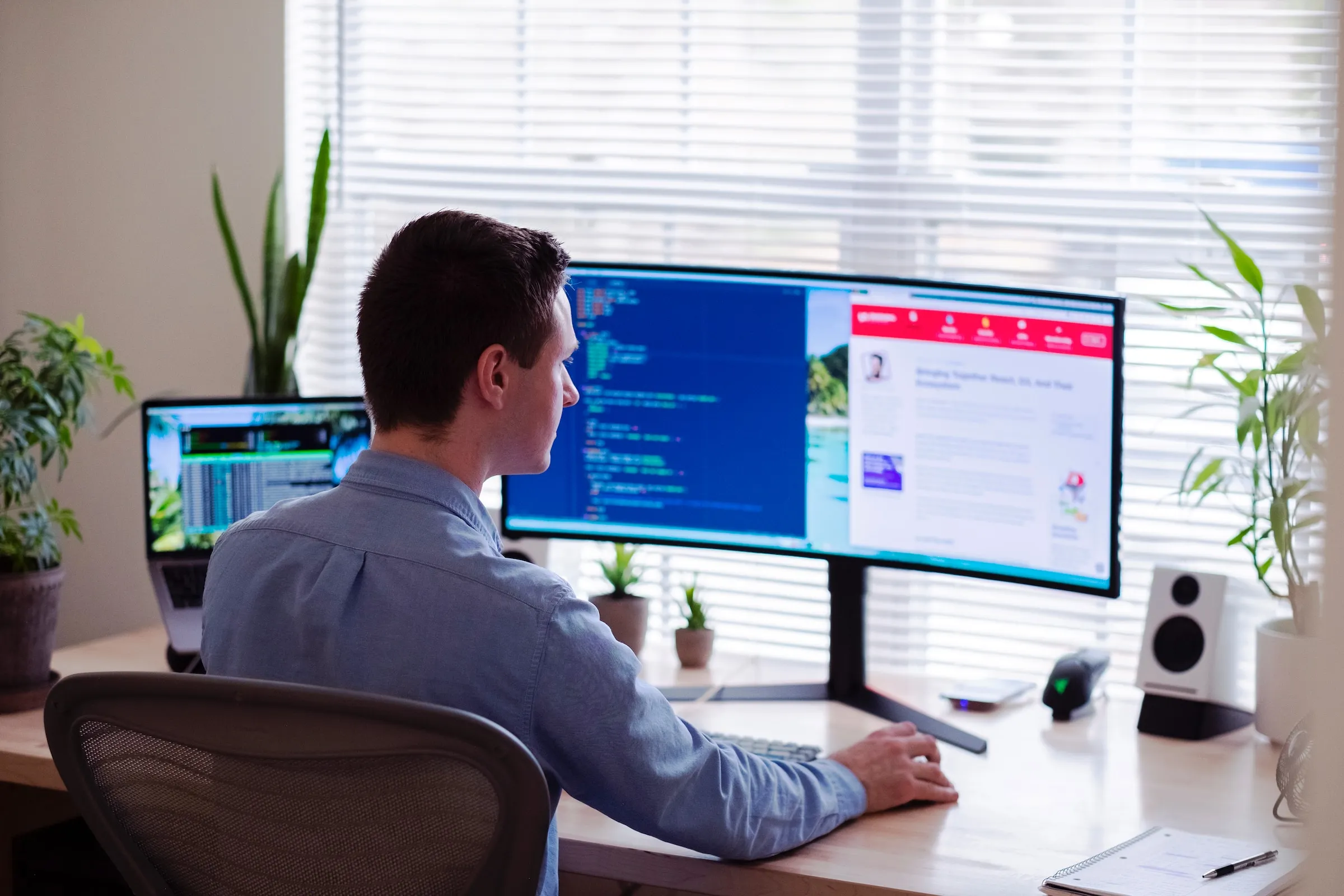 A man working in a hybrid work environment. Photo by Luke Peters on Unsplash العمل عن بعد