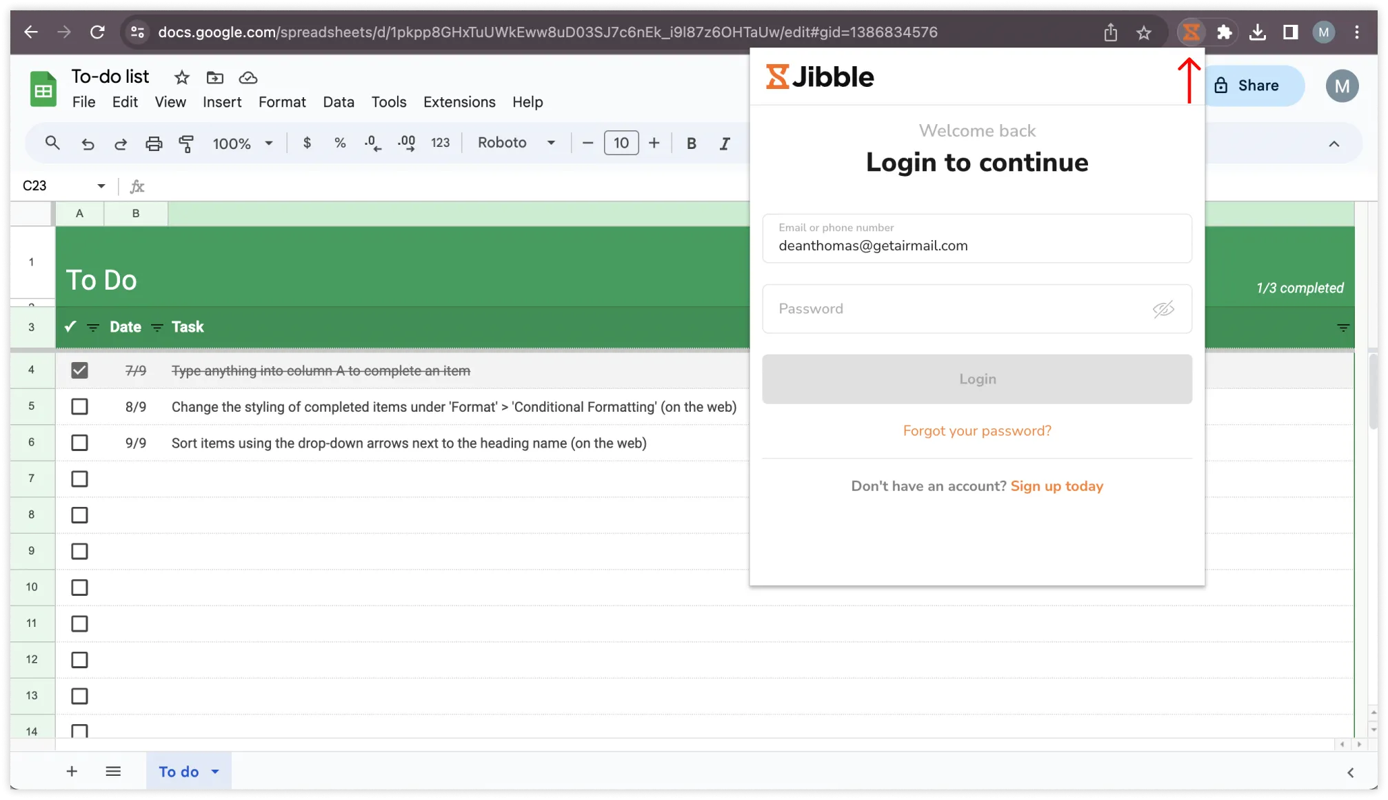 Chrome 툴바에서 Jibble Chrome 확장 프로그램 액세스