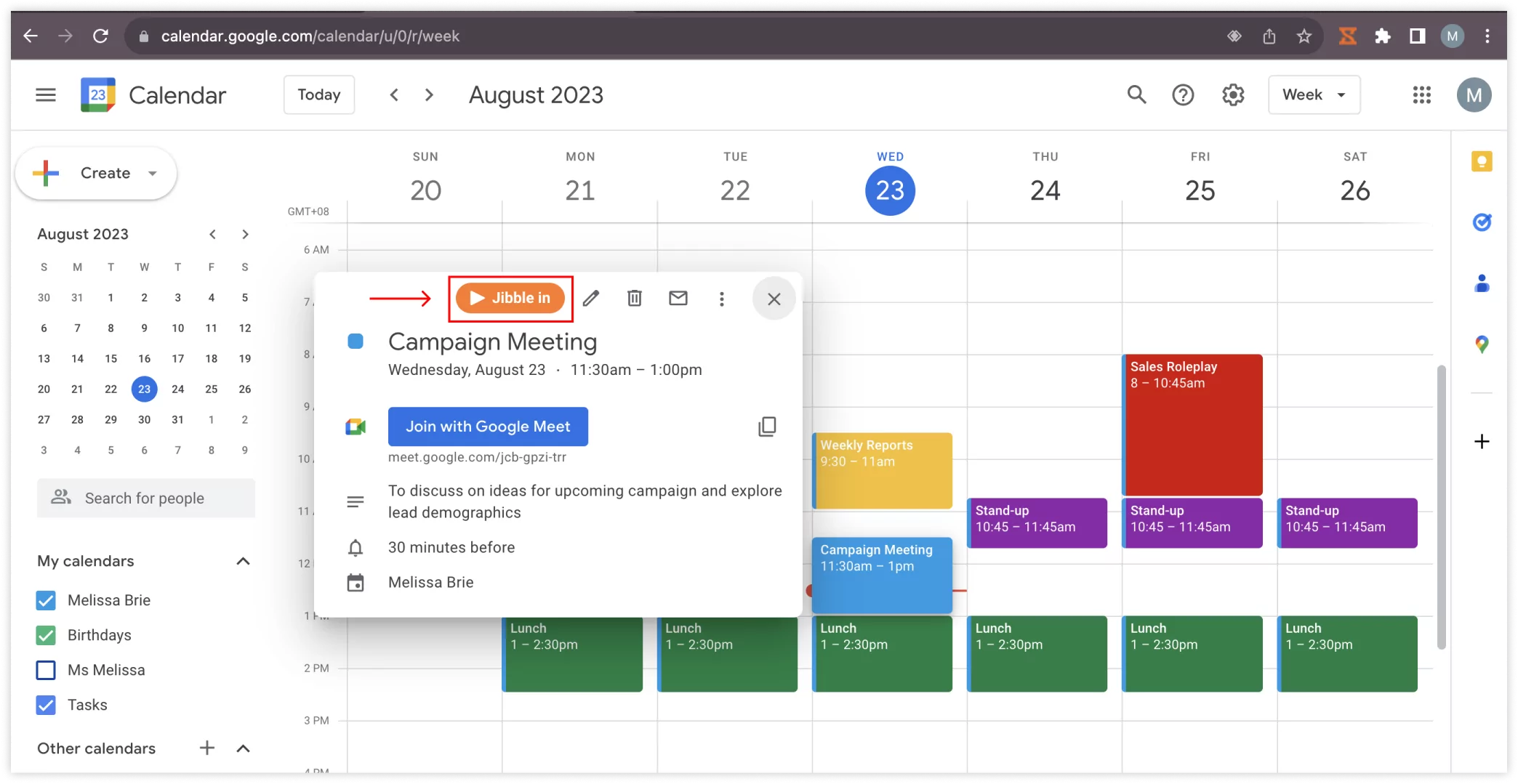 通过 Google 日历中的“打卡上班”按钮来打卡