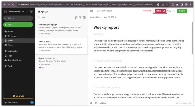Clocking out via Jibble out button in Evernote
