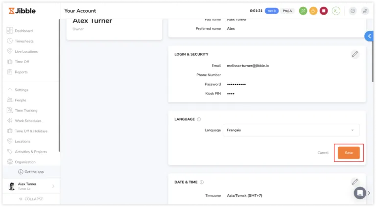Selecting French as preferred language on the web app