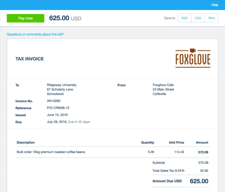 Capture d'écran d'un exemple de facture Xero Projects