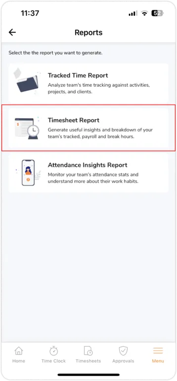 Accessing timesheet reports on the mobile app