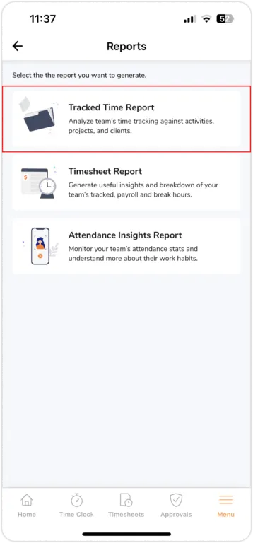 Accessing tracked time reports on the mobile app