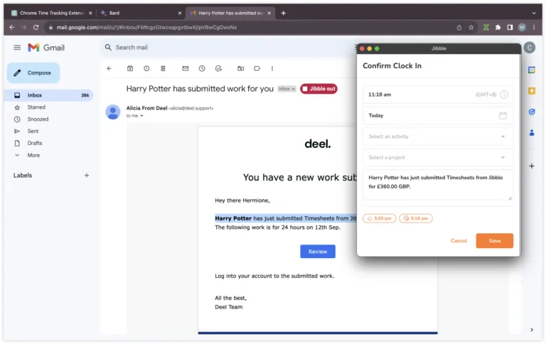 Clocking in with automatic notes in Gmail