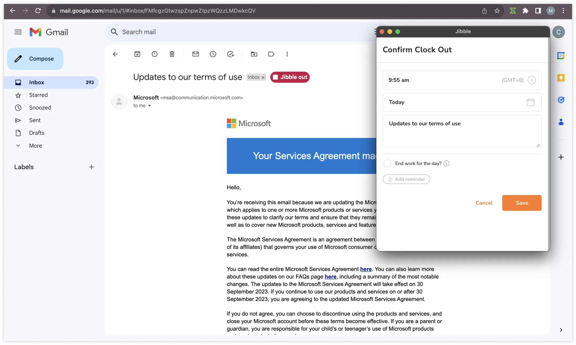 直接在 Gmail 中打卡下班
