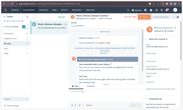 Cronômetro embutido de entrar no Jibble no HubSpot