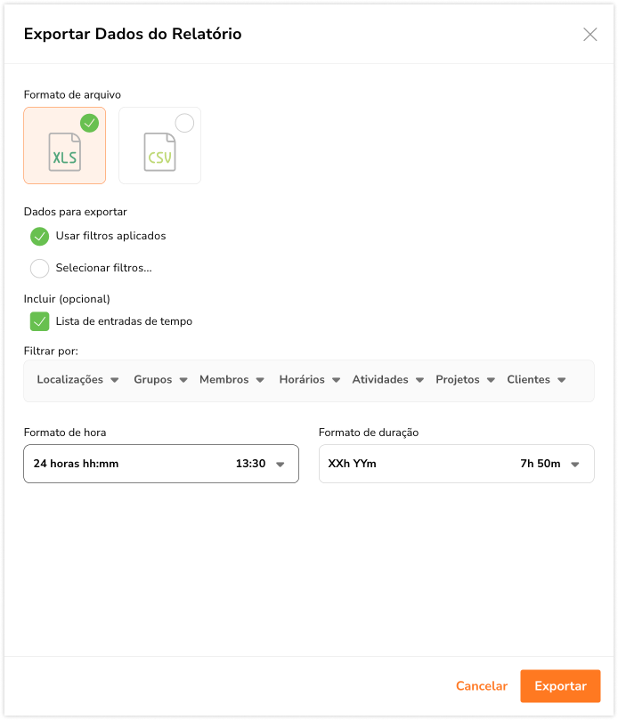 Barra lateral de exportação no relatório de horas registradas