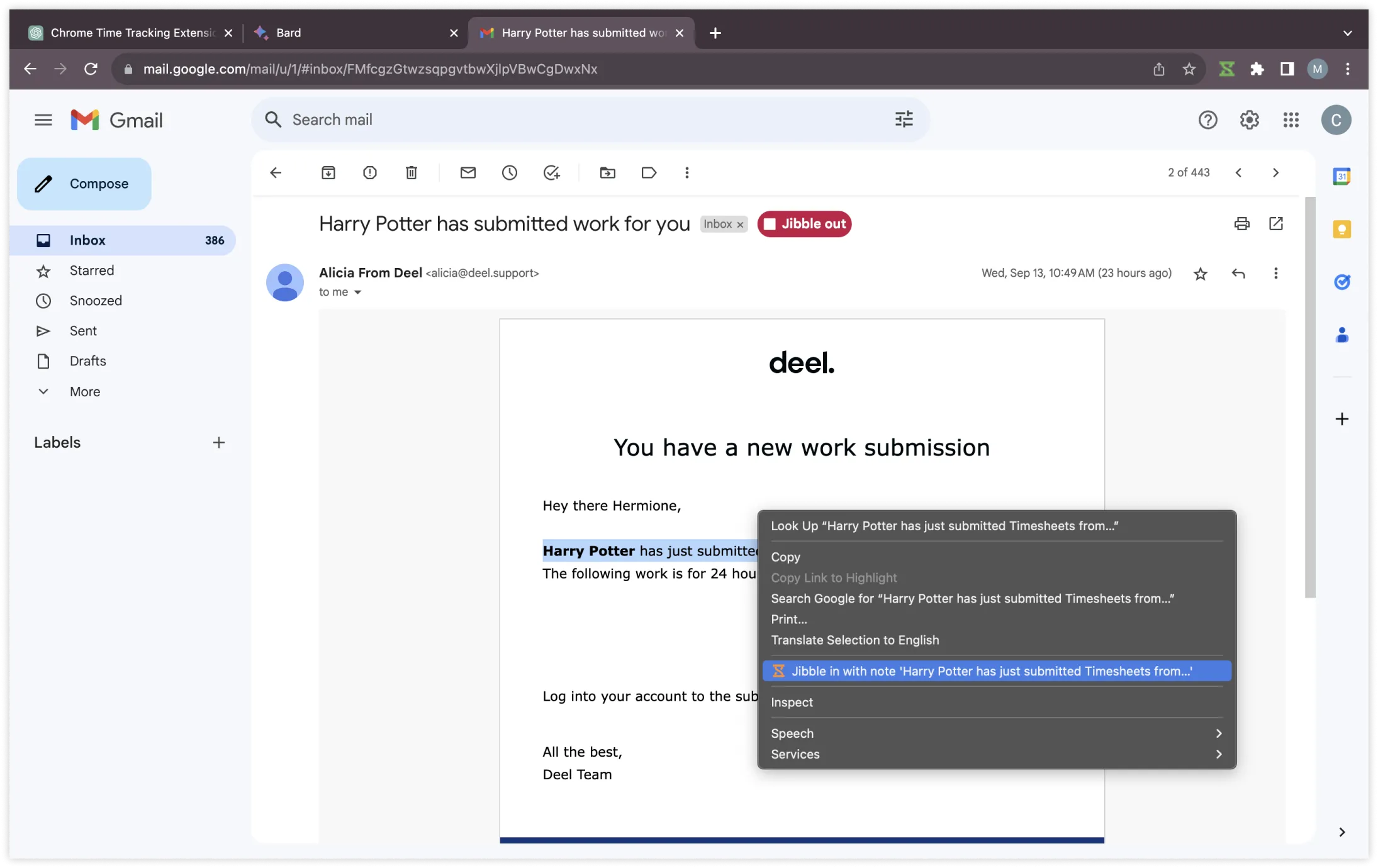 突出显示文本以在 Gmail 中使用备注打卡上班