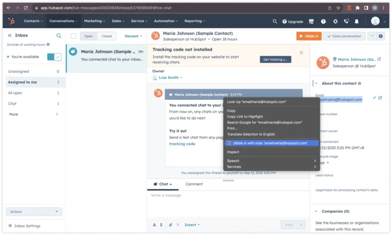 Selecionar texto para registrar entrada com notas no HubSpot
