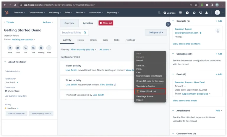 Registro de saída com o botão direito no HubSpot
