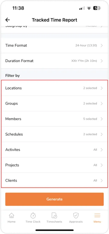Selecting filters for tracked time reports